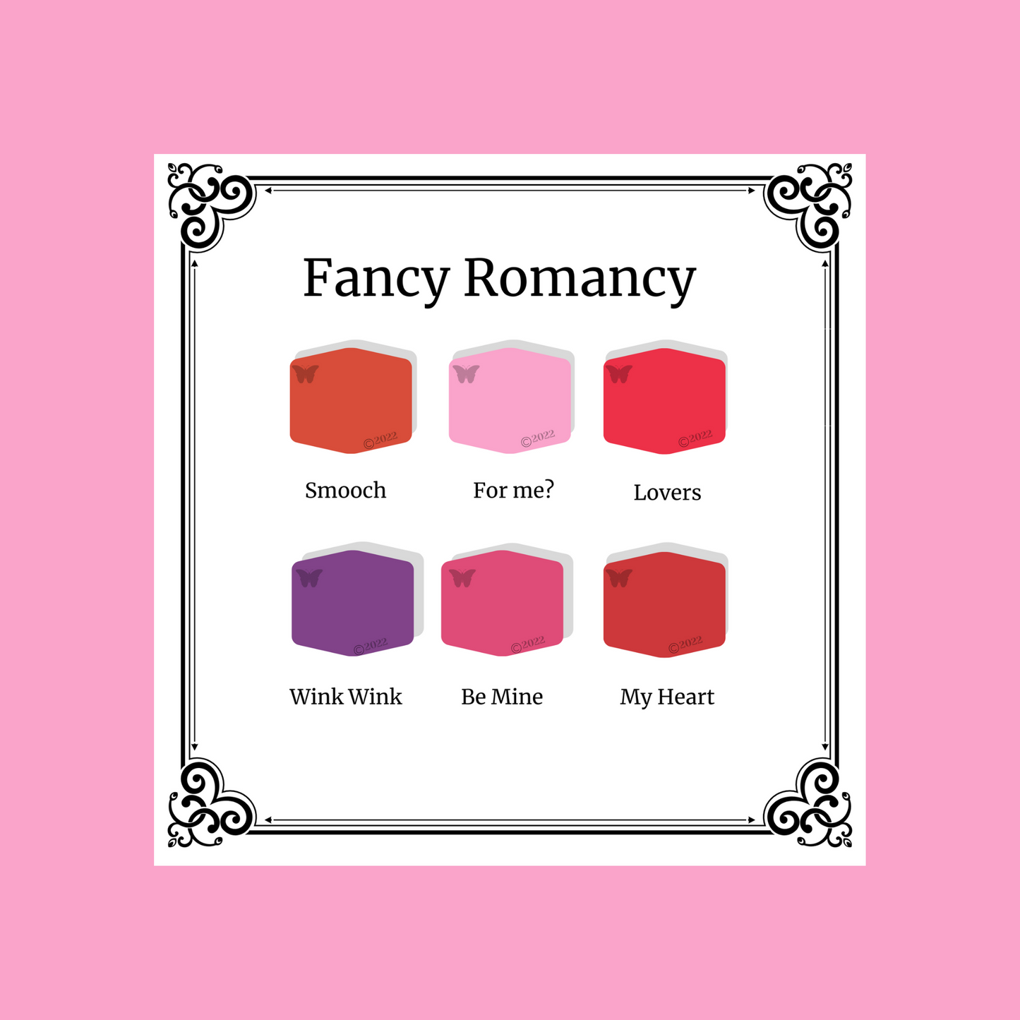 Polymer Clay Color Palette Fancy Romancy.  A black and white Victorian frame around 6 hexagons in shades of pink and purple. 