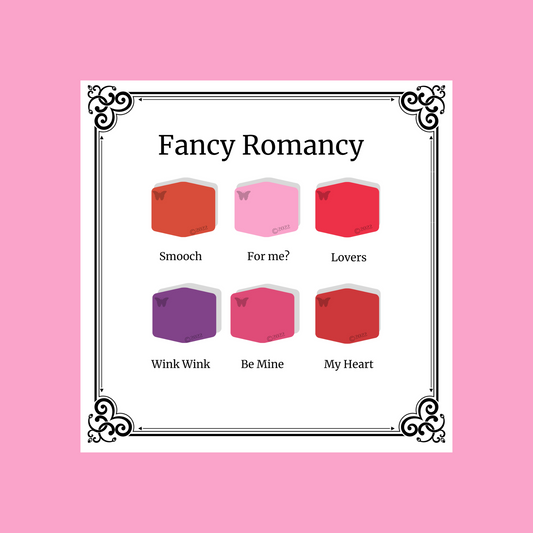 Polymer Clay Color Palette Fancy Romancy.  A black and white Victorian frame around 6 hexagons in shades of pink and purple. 