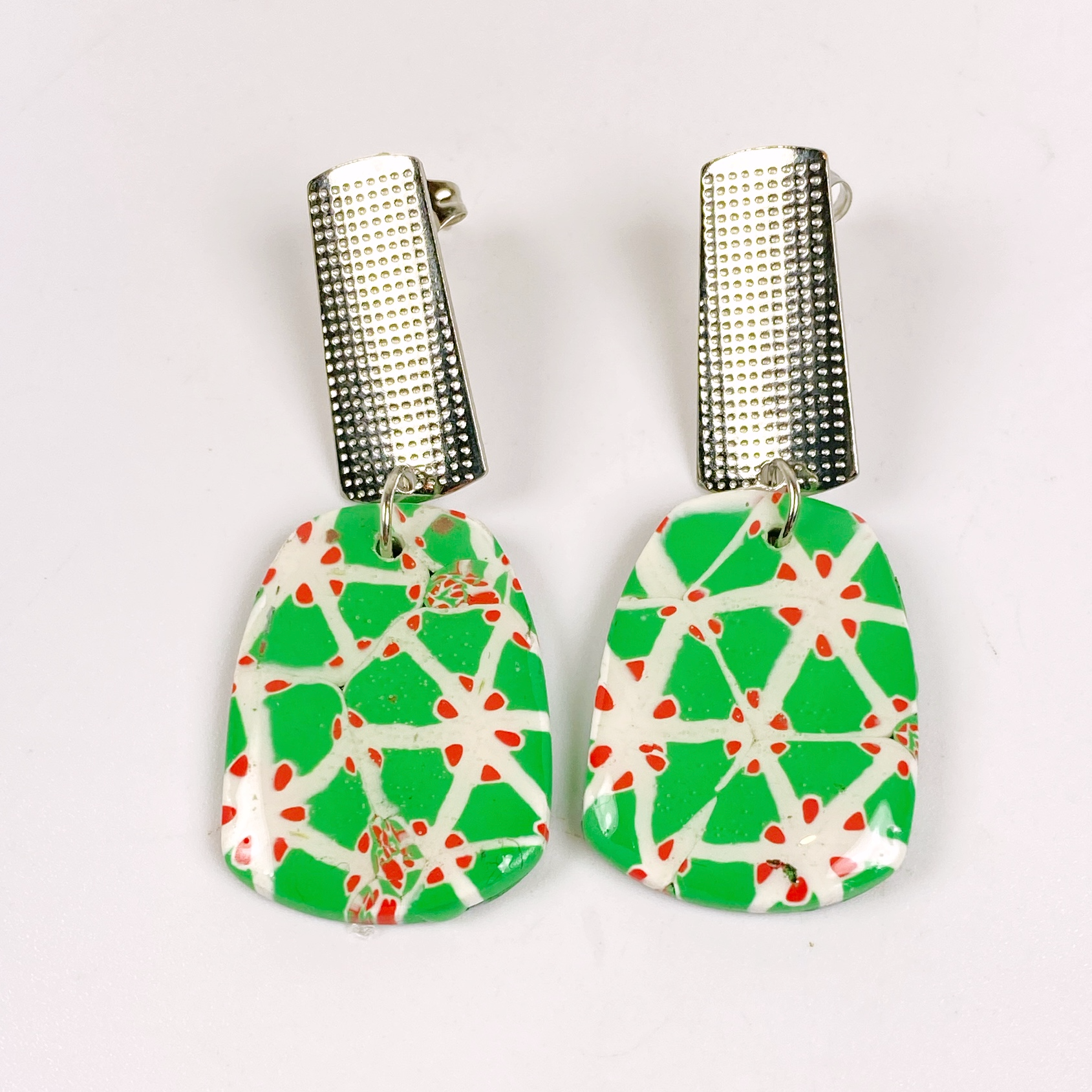 Garden Lattice Handmade Polymer Clay Dangle Earrings on a neutral background
