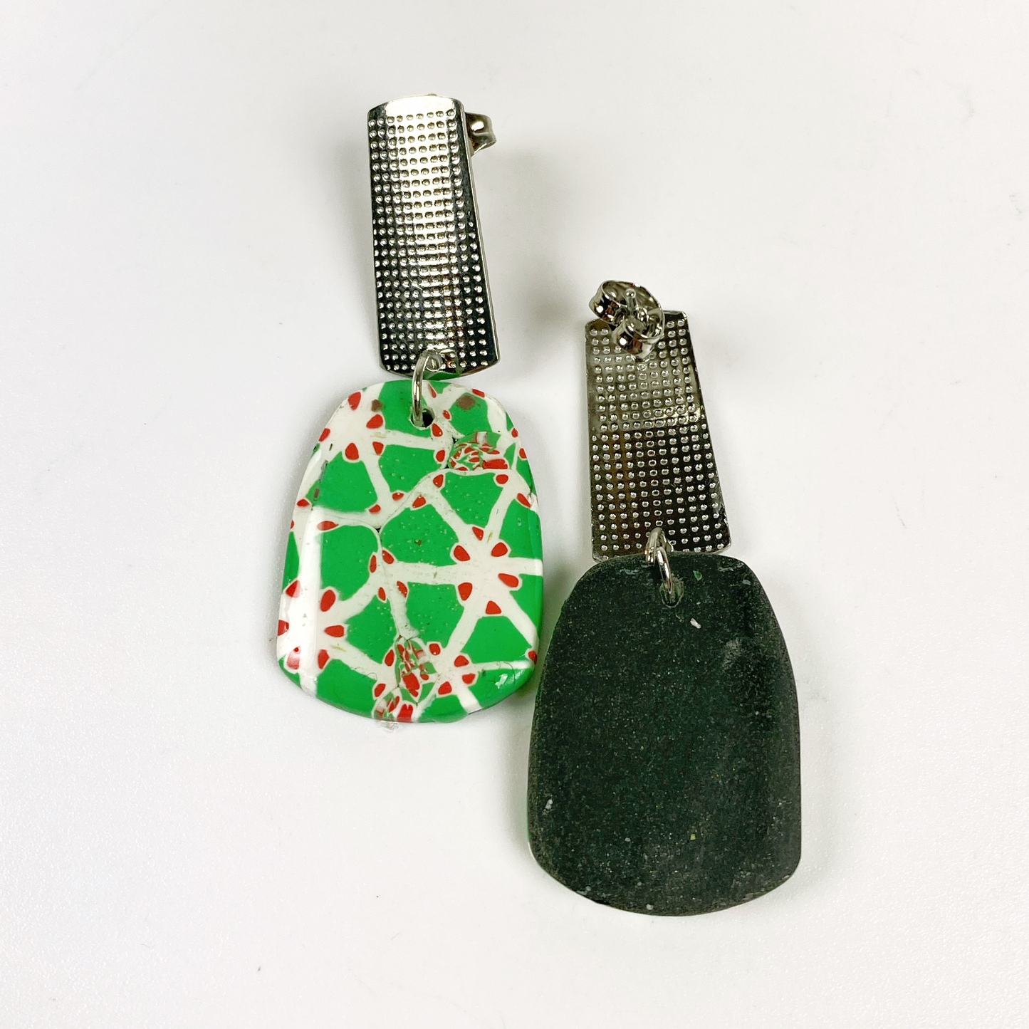 Garden Lattice Handmade Polymer Clay Dangle Earrings showing the jet black backing