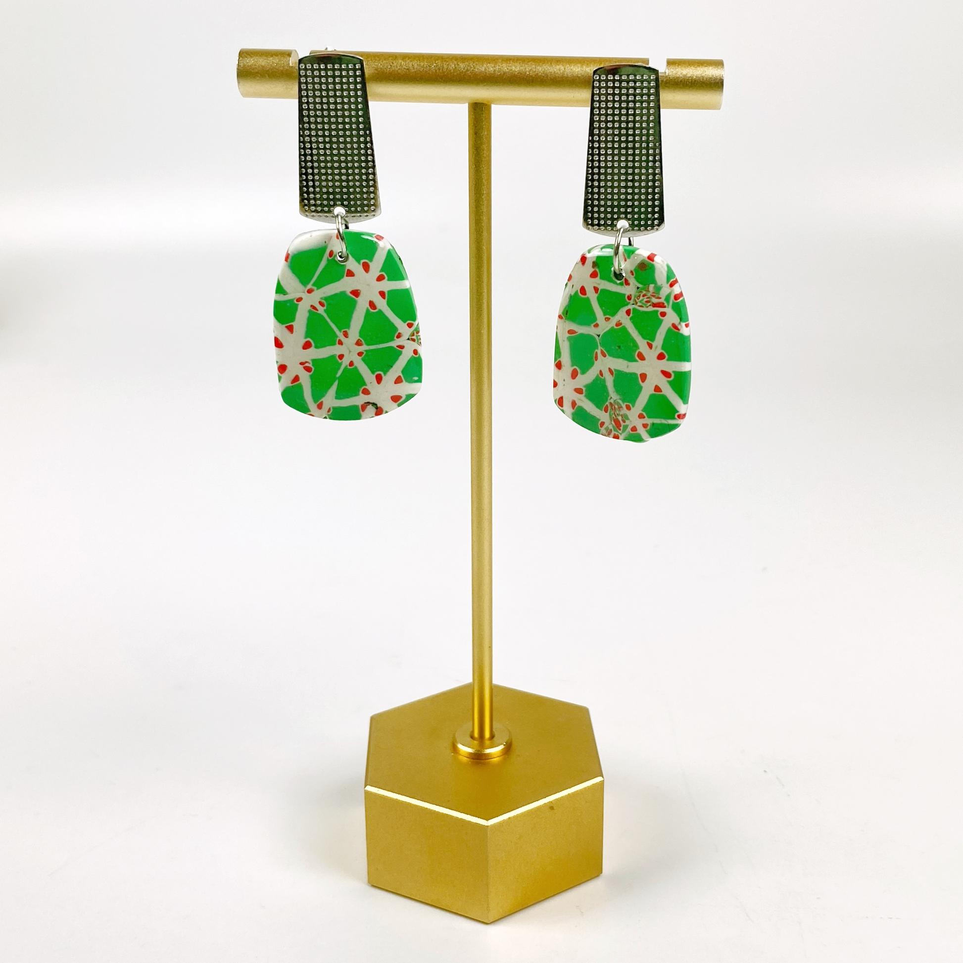 Garden Lattice Handmade Polymer Clay Dangle Earrings on brass earring display
