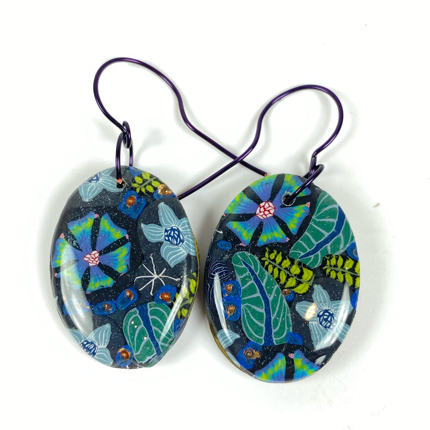 Night Blossom Handmade Polymer Clay Dangle Earrings II on white background
