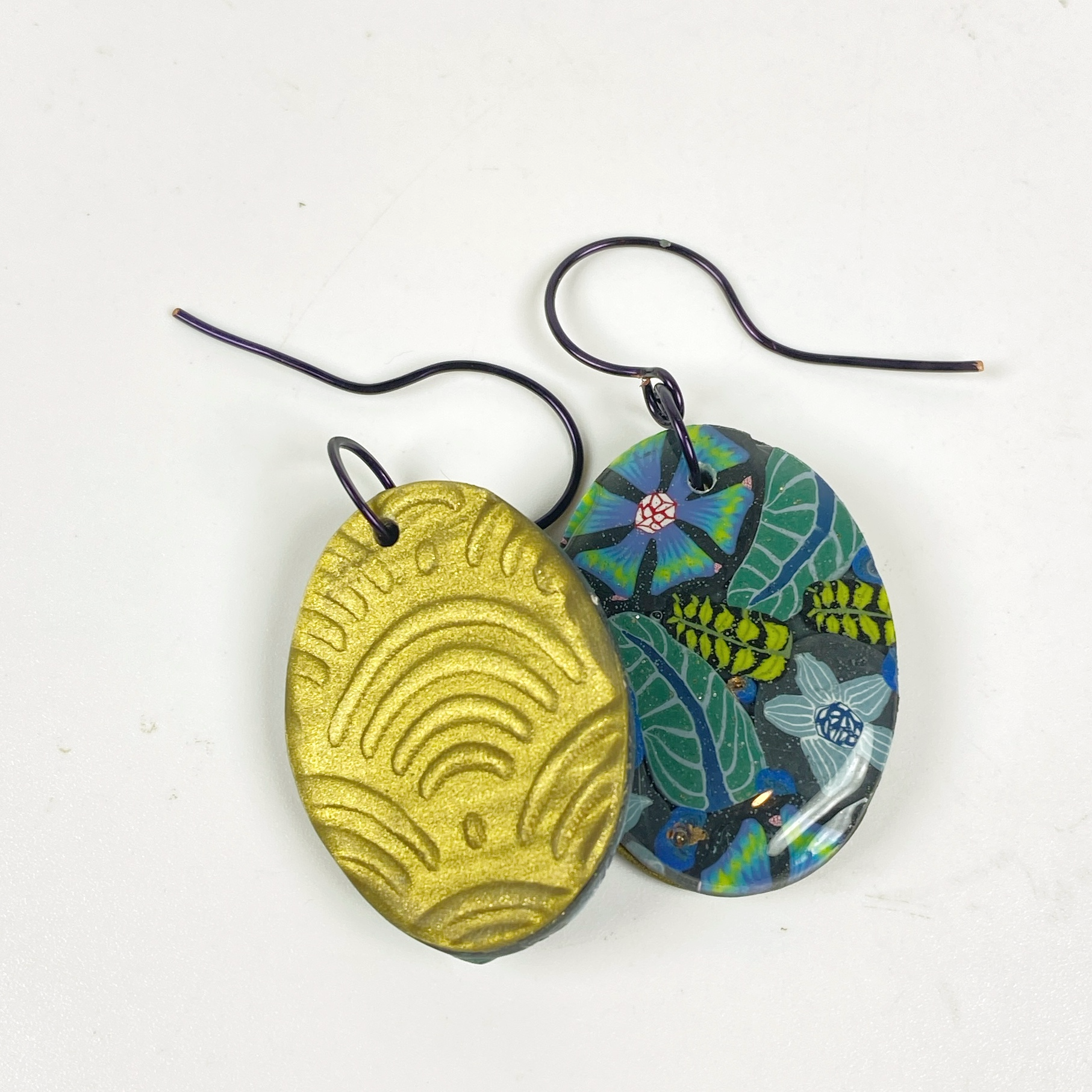 Night Blossom Handmade Polymer Clay Dangle Earrings II showing the earring backing