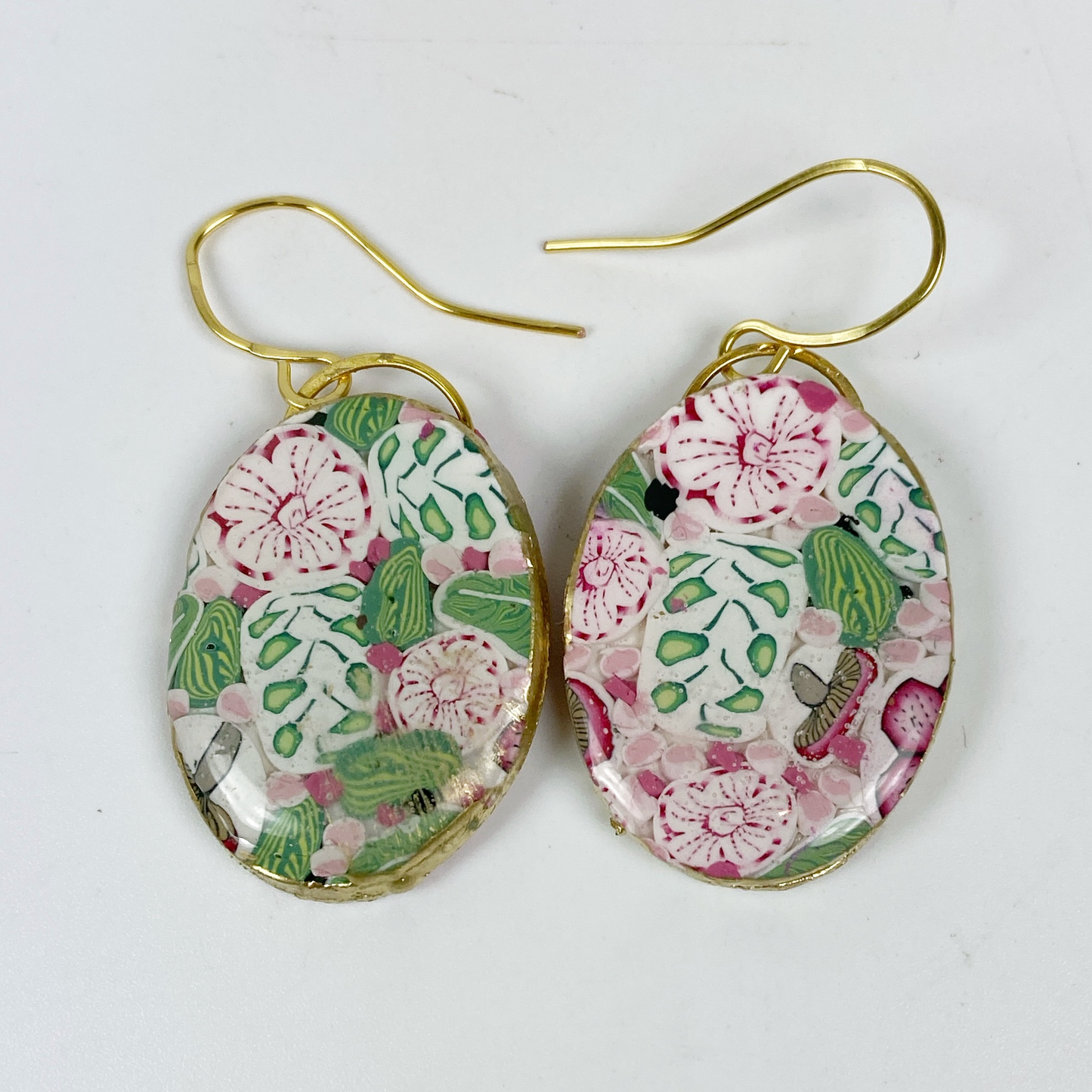 Pink Woodland Handmade Polymer Clay Oval Dangle Earrings on a white background