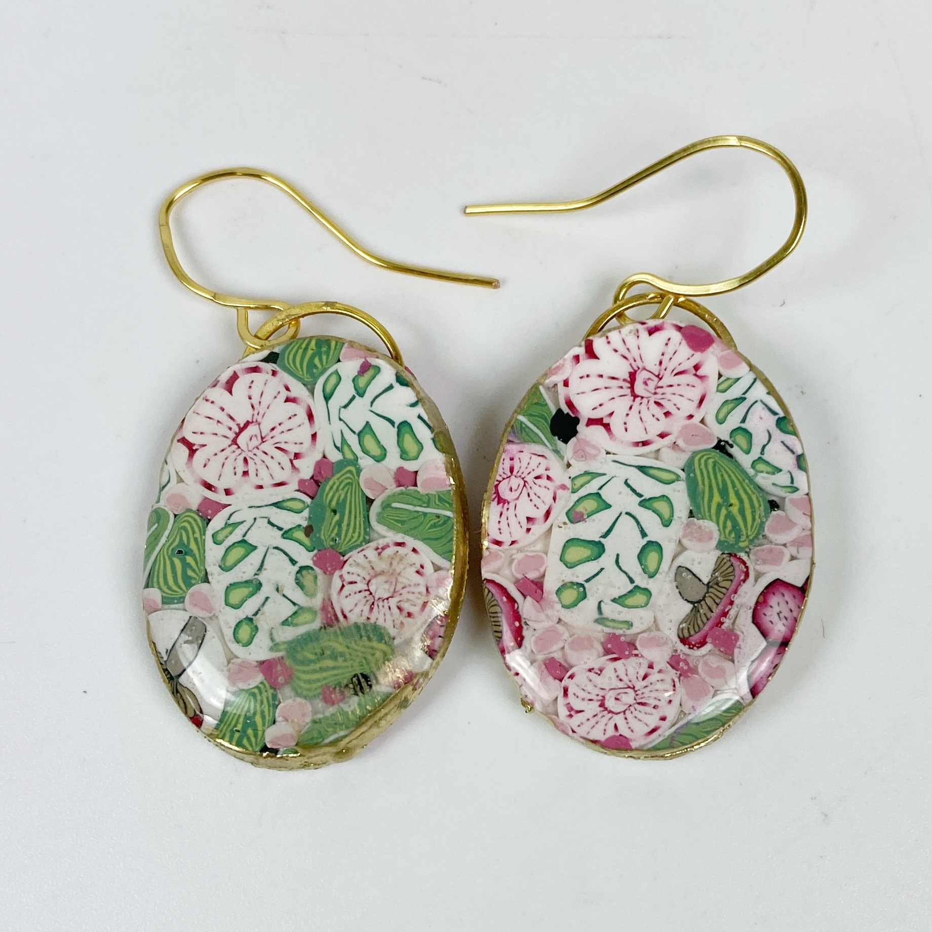 Pink Woodland Handmade Polymer Clay Oval Dangle Earrings on a white background