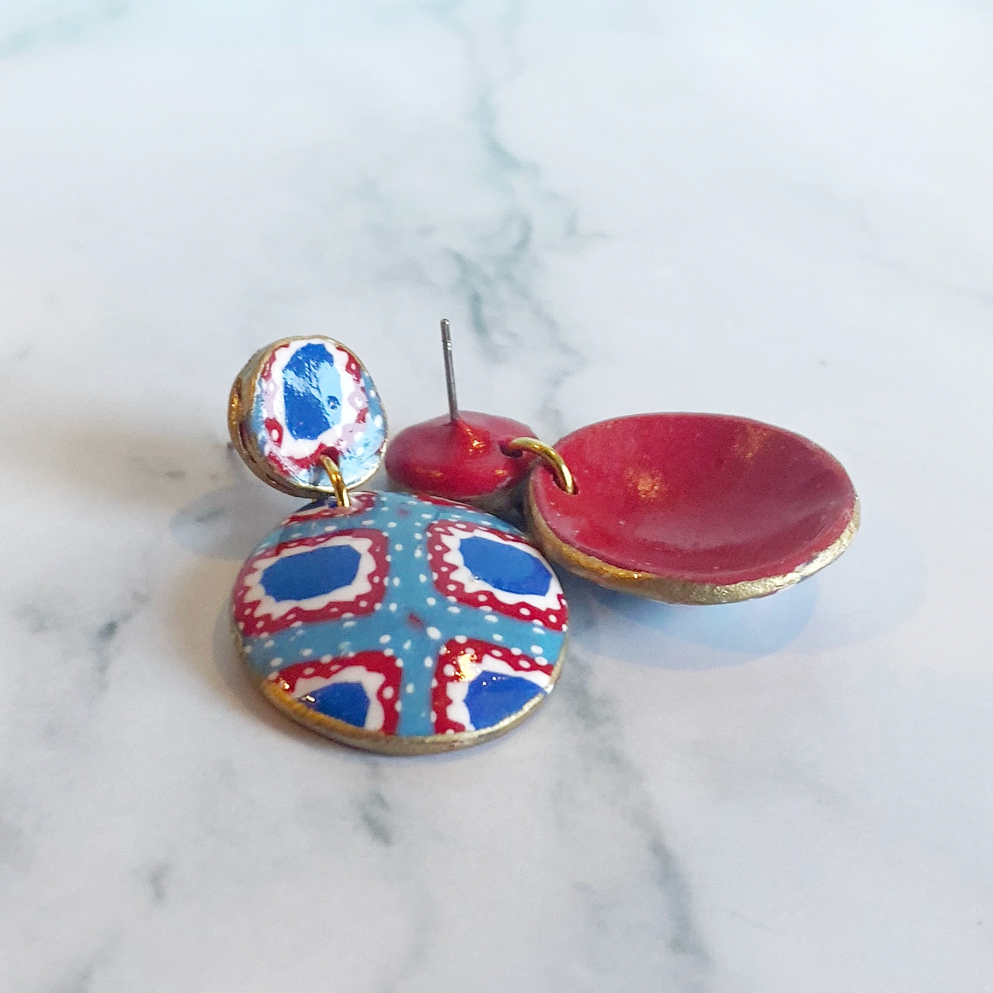 Handmade Polymer Clay Bandana Dangle Earrings showing the gorgeous red backs