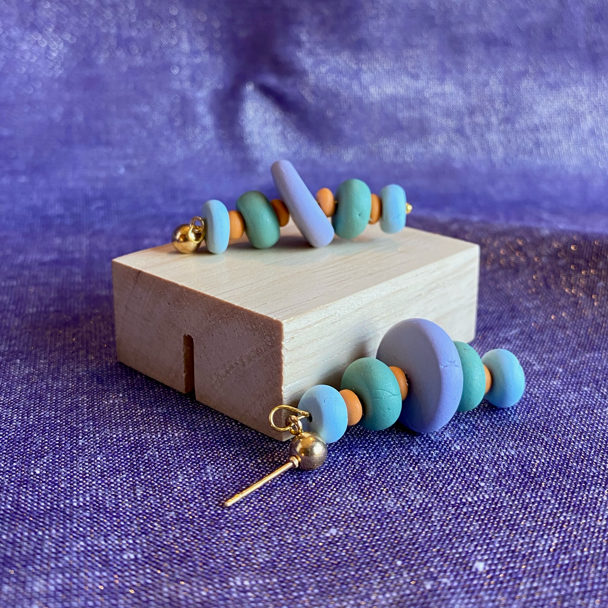 Polymer Clay Cairn Dangle Earrings Handmade on a small wooden block