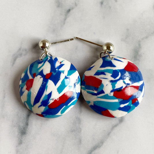 Handmade Polymer Clay Red White and Blue Earrings, front view