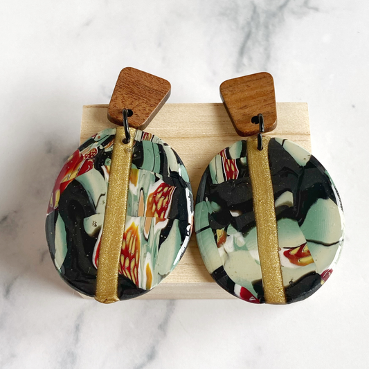 Black Gold and Green Marbled Handmade Polymer Clay Earrings front view