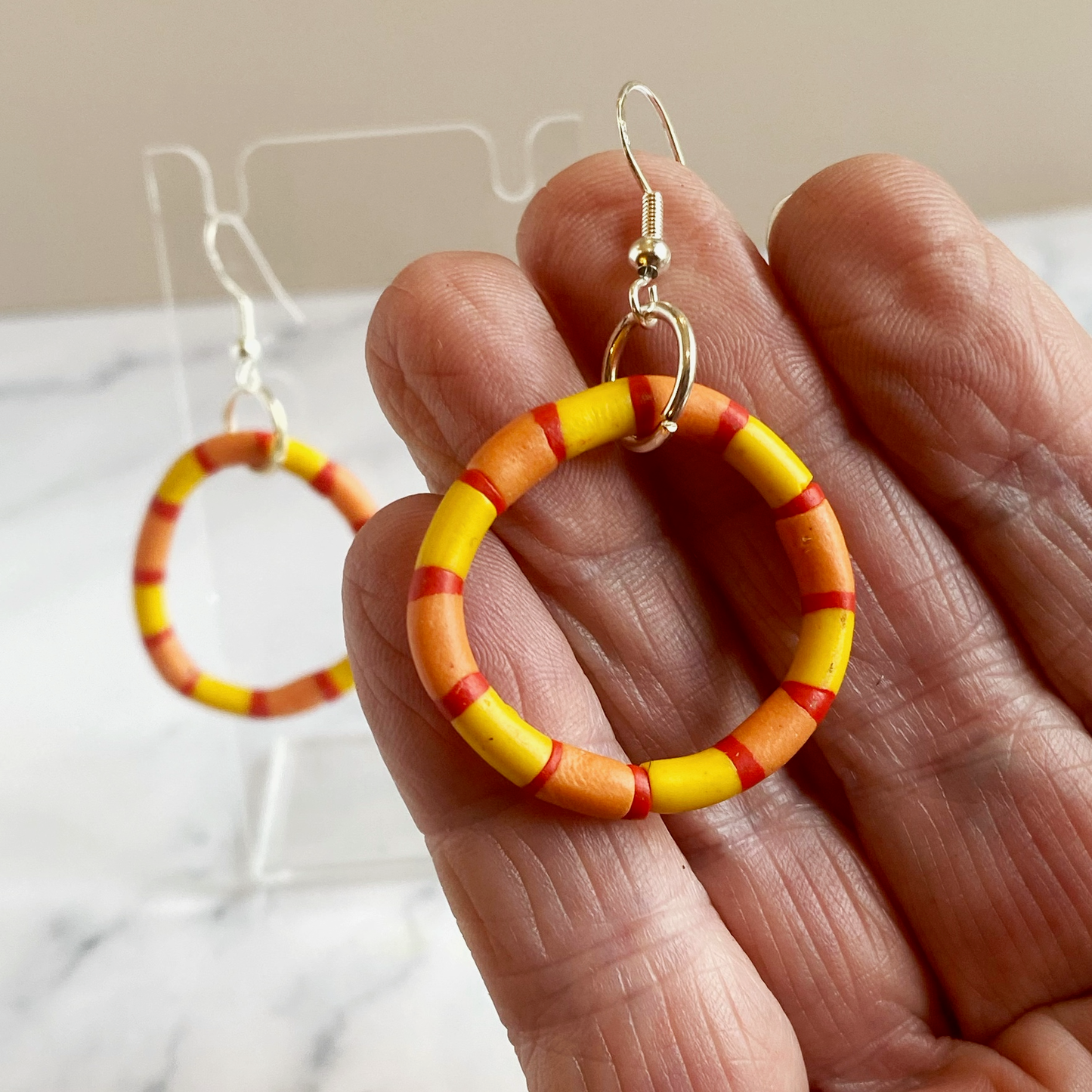 Polymer Clay Rhythms Hoop Earrings in Red Yellow and Orange