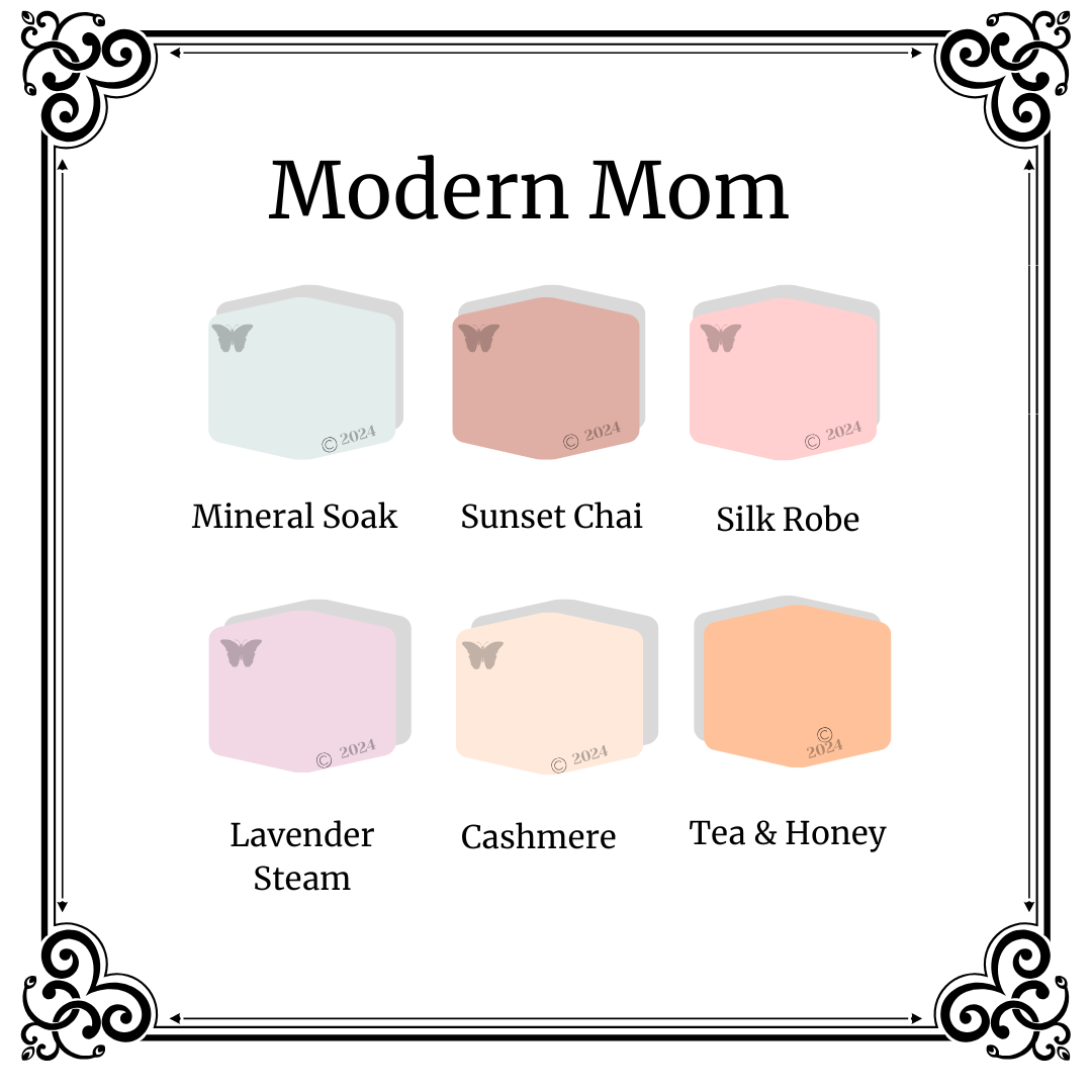 The six colors of the Modern Mom luxury color collection shown on a white background