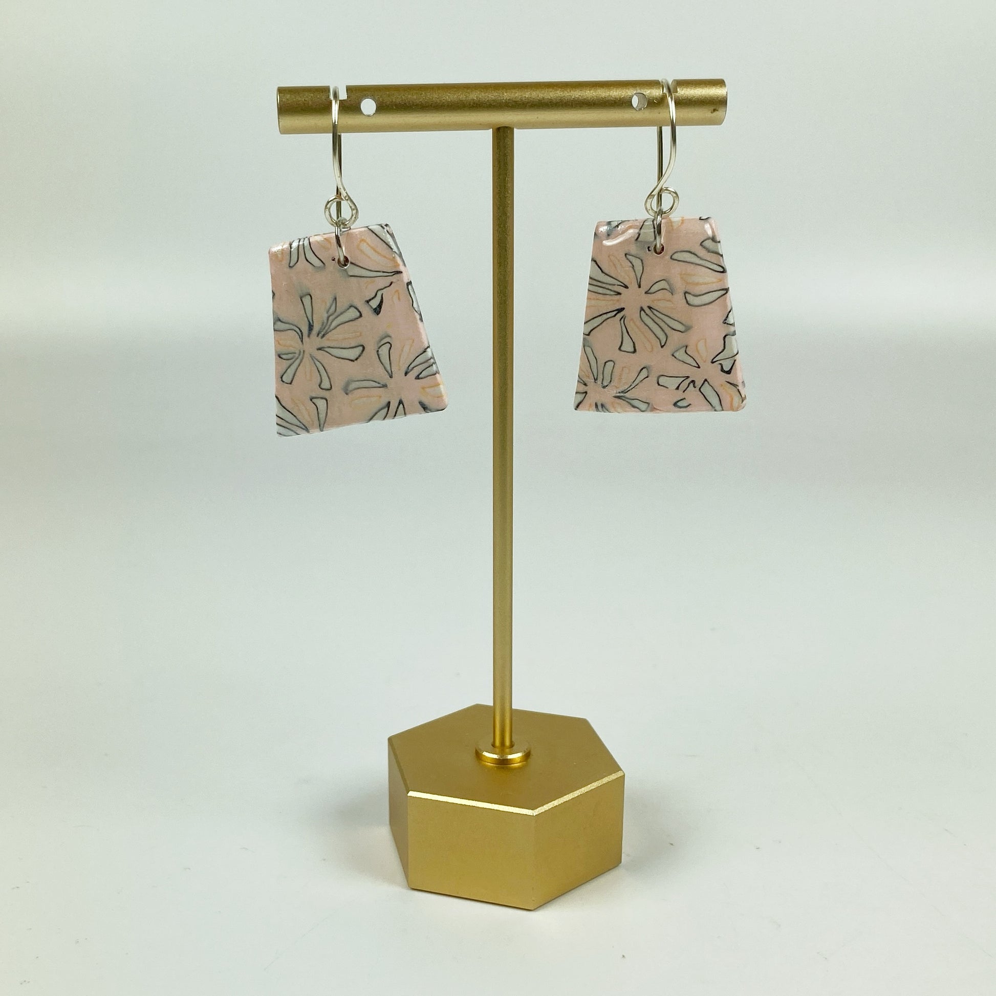 Polymer Clay Handmade Pink Dangle Earrings on a brass earring stand