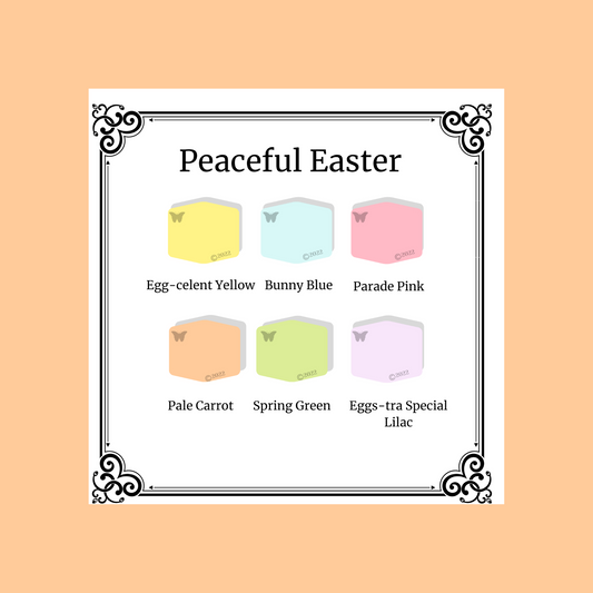 Polymer Clay Color Palette Peaceful Easter.  A black and white Victorian frame around 6 hexagons in serene pastel shades..  