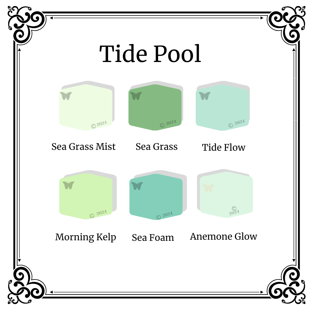 Tide Pool Palette, all 6 colors shown on a white backgorund