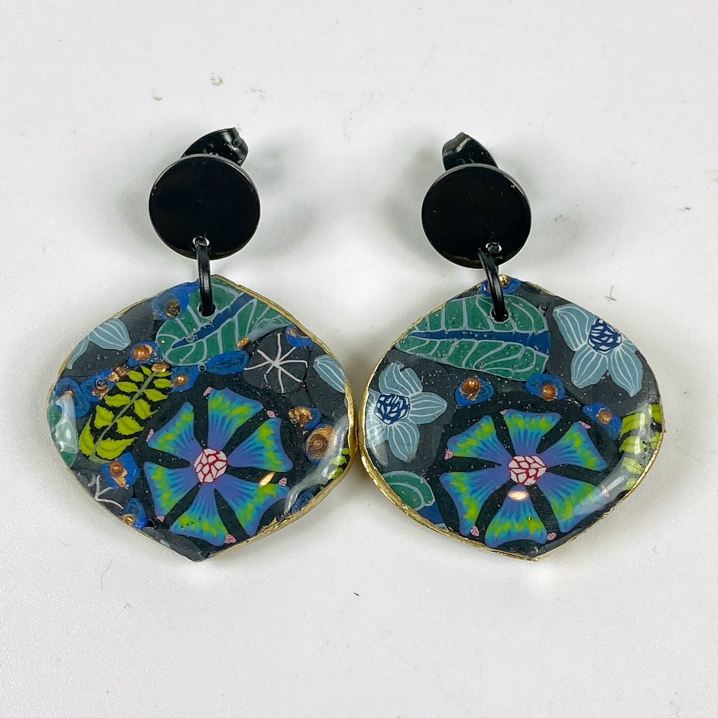 Blue Blossom Handmade Polymer Clay Dangle Earrrings on a white background