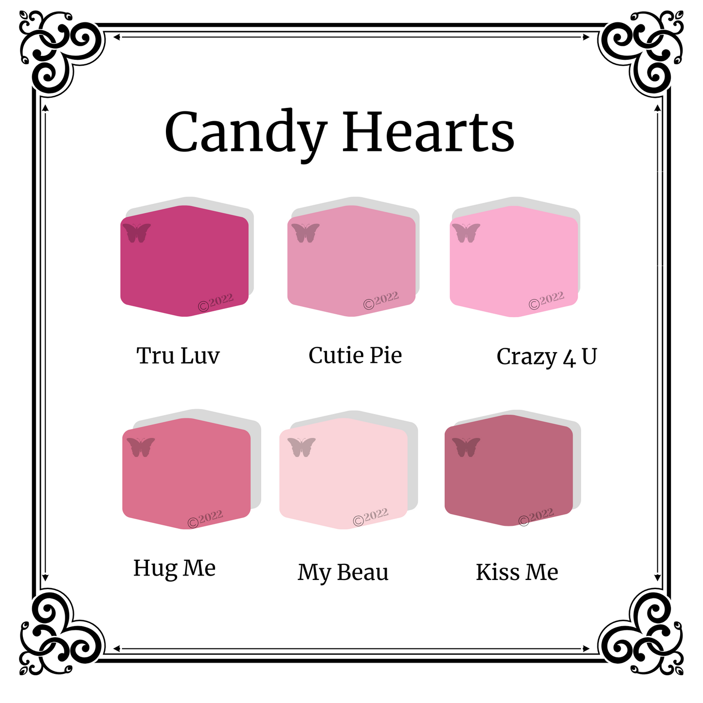 Polymer Clay Color PaletteCandy Hearts.  A black and white Victorian frame around 6 hexagons in shades of pink and purple.   The palette colors are Tru Luv, Cutie Pie, Crazy 4 U, Hug Me, My Beau, and Kiss Me