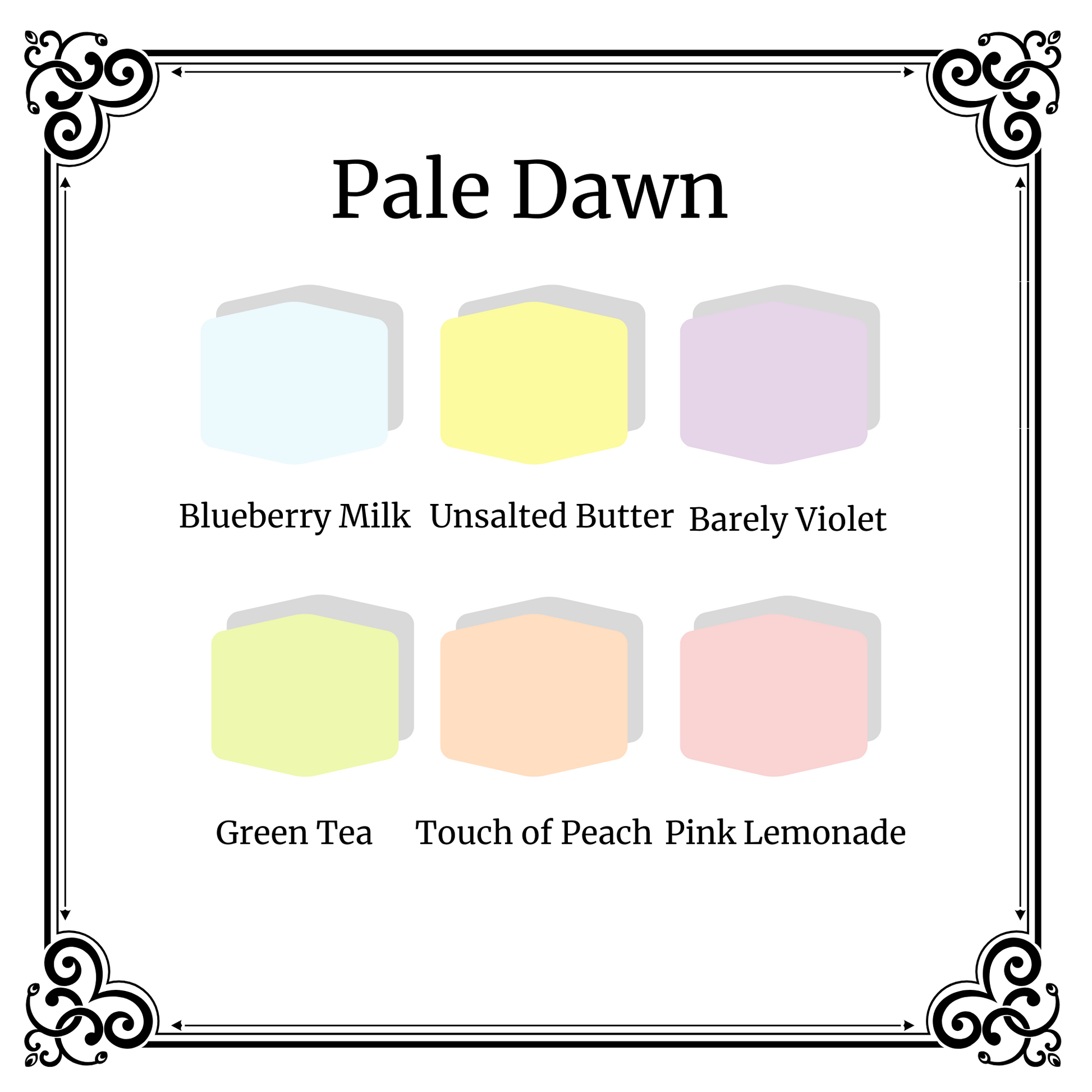 Polymer Clay Pale Dawn Palette of 6 colors shown on a black and white background.